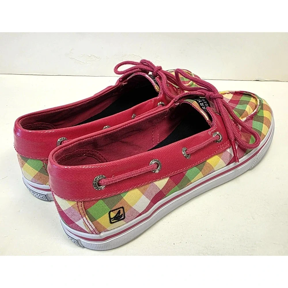 Sperry Top-Sider Pink Yellow Green Plaid Boat Loafer Shoes Size 4.5M Biscayne